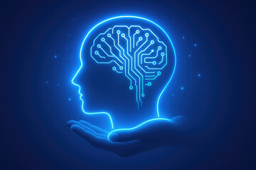 Glowing blue human head outline with circuit board brain held in hand artificial intelligence