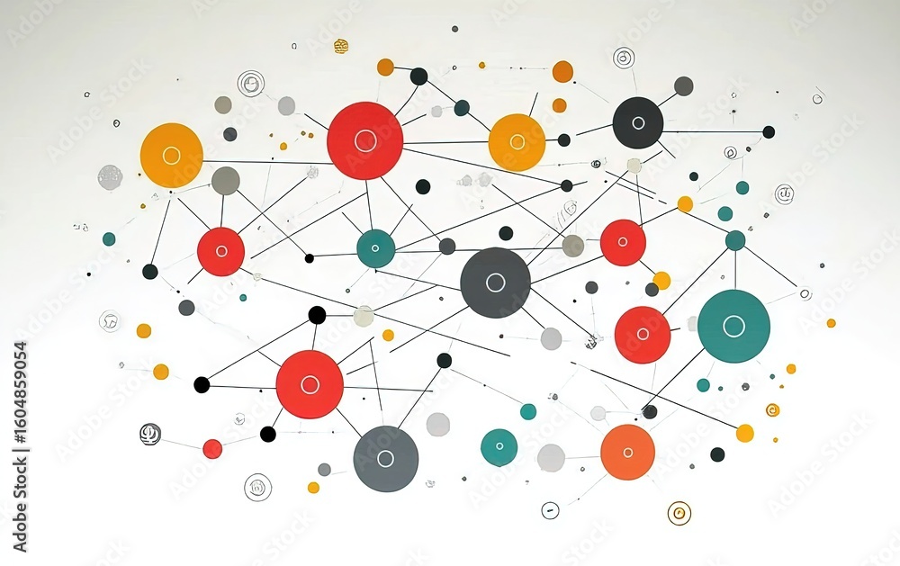 Poster minimal flat interconnected nodes network on white background, representing social media people-data