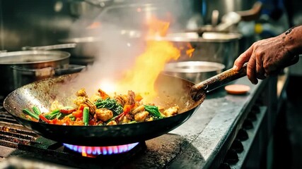 Chef cooking stir fry with flames in a wok in a restaurant kitchen, 4k video - Powered by Adobe