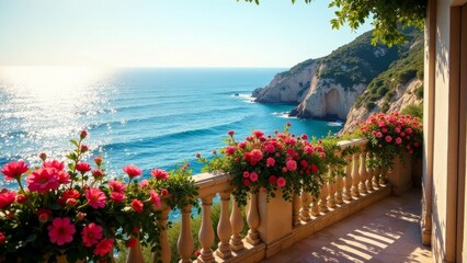 Serene coastal balcony with vibrant blossoms, overlooking a tranquil ocean and dramatic cliffs