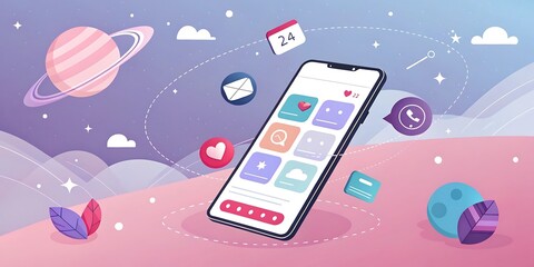 Smartphone with colorful apps floating in a dreamy sky isolated on white background