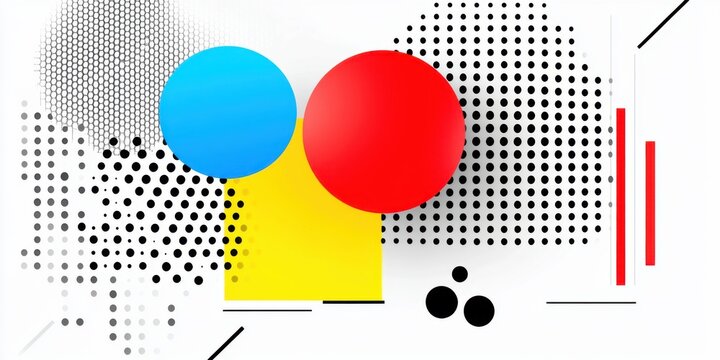 Abstract geometric modern minimalist background featuring bold blue and red circles and yellow square with black and white dot pattern.