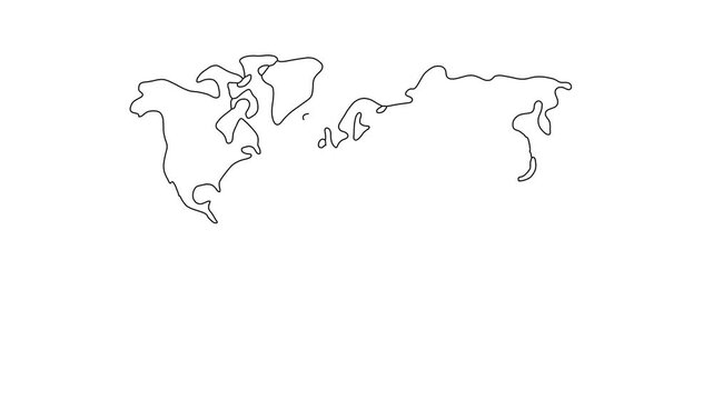 World Map Continuous One Line Drawing Animation 4K Minimalist Motion Graphic Isolated on White Background