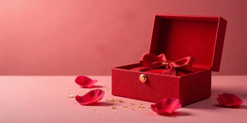 A crimson gift box with a satin ribbon, adorned with scattered rose petals and gold flecks, creates a romantic and luxurious atmosphere.
