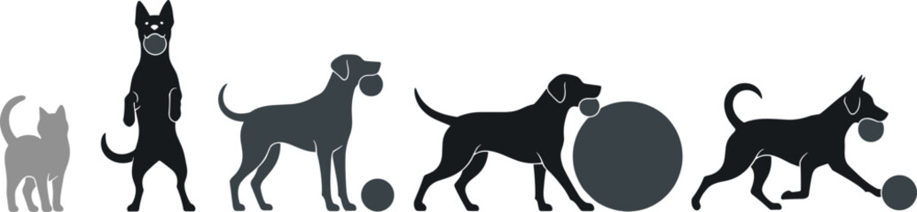 Silhouettes of cat and dogs playing with balls, joyful pet activity, black vector artwork, adorable animal set, playful companion illustration