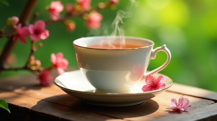 Serene springtime tea moment a delicate porcelain teacup filled with fragrant steaming tea, nestled amidst blossoming flowers on a sunlit wooden surface.