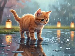 Kitten in Rain with Garden Puddle. (1)