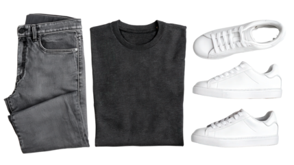 Casual Outfit Flat Lay: A flat lay of a casual outfit including t-shirts, jeans, and sneakers, isolated on a Transparent background, PNG file.