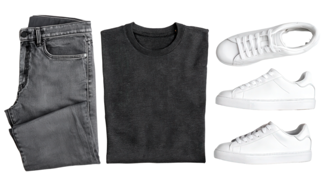 Casual Outfit Flat Lay: A flat lay of a casual outfit including t-shirts, jeans, and sneakers, isolated on a Transparent background, PNG file.