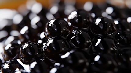 Extreme close-up, extra-large boba pearls, rich shiny texture, layered milk syrup, condensation drops, street food market, Asian bubble tea, trendy drink, close-up, milk tea, menu, café, restaurant
