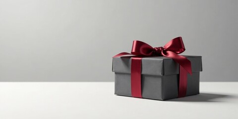A subtly elegant dark gray gift box adorned with a rich burgundy ribbon, a perfect present for a special occasion or a thoughtful gesture