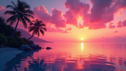 Serene Pink Sunset Over Tropical Beach with Palm Trees and Calm Ocean