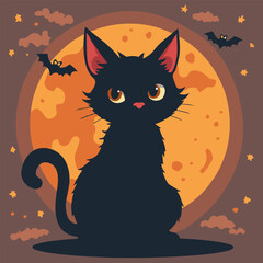 Whimsical Halloween Night A Black Cat's Silhouette Against a Harvest Moon, Bats Soaring in the Starry Sky
