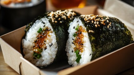 Close-up fresh Japanese onigiri, cut in half, caviar salmon sour cream filling, glossy nori wrap, sesame sprinkle, takeaway box, luxury street food, gourmet rice balls, sushi roll, trendy snack, menu.