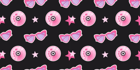 Seamless pattern with pink heart-shaped sunglasses, shiny CDs with “pop” label, and star icons on black background. Perfect for fabric, stationery, scrapbooking, fashion, and nostalgic Y2K themes.