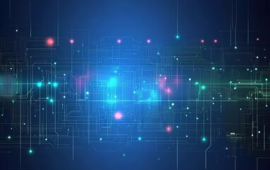 Obraz premium Glowing neon dots network on dark blue abstract background, creating tech innovation atmosphere for data connectivity in space or internet concepts.