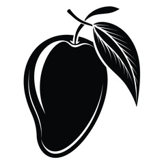 Stylized graphic silhouette of a ripe mango with a leaf isolated on white background