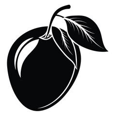 Graphic silhouette of a ripe mango with a stem presented as a clean illustration isolated on white background