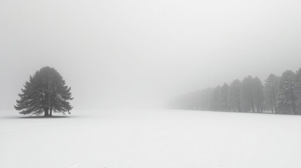 Solitary Conifer in a Foggy Winter Landscape, Trees in the Distance, Snow Covered Ground