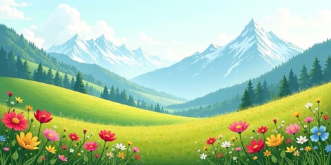 Serene Meadow Landscape with Majestic Mountain Range in the Background, Adorned with Vibrant Wildflowers