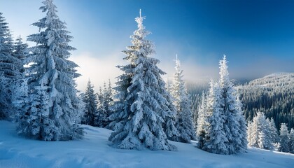 scenic image of fir trees covered in white hoarfrost on a frosty day