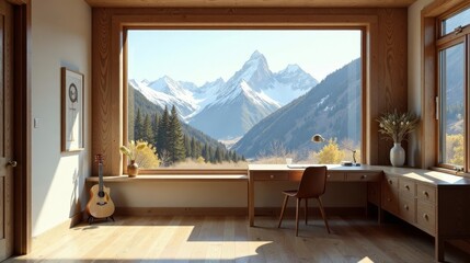 Mountain View Workspace Sunlight streams into a minimalist home office featuring a large window showcasing a majestic snow-capped mountain range, a wooden desk, and a guitar