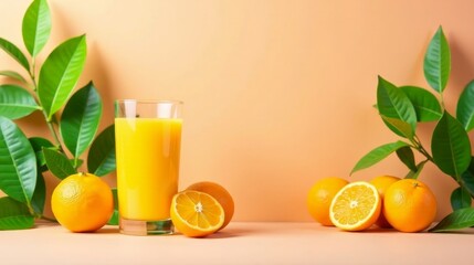 Refreshing citrus beverage in a glass with ripe oranges and vibrant green leaves on a soft peach background.
