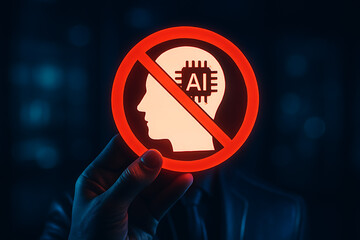 Hand holding prohibited artificial intelligence sign showing ai chip inside human head symbolizing ban on ai use in dark background