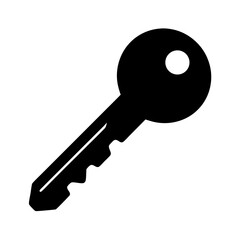 A black silhouetted metal key laying diagonally on a white background image