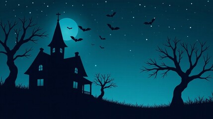 A Mysterious Nighttime Scene Featuring a Silhouette of a Haunted House, Skeletal Trees, Bats, and a Full Moon