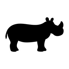 Black Silhouette of a Cute Cartoon Rhinoceros Standing on a White Background