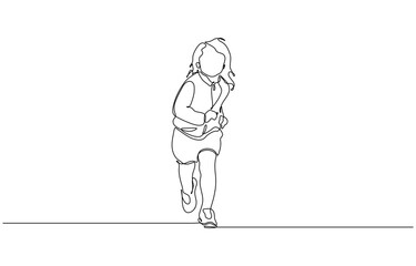 Running girl in continuous line art drawing style, playful minimalist abstract poster vector design. Editable outline