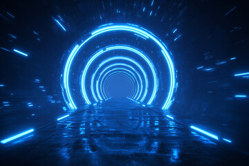 Fototapeta premium Futuristic tunnel with glowing blue rings, sense of motion and depth, sci-fi theme
