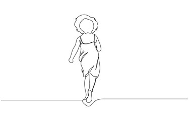 Running girl in continuous line art drawing style, playful minimalist abstract poster vector design. Editable outline