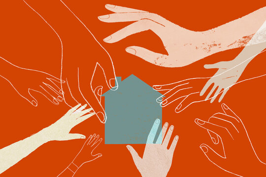 Lots of hands reaching for house