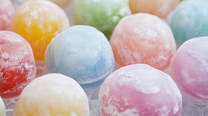 Colorful Japanese mochi, soft chewy texture, pastel tones, glossy glutinous rice coating, rich ice cream filling, extreme close-up, trendy Asian dessert