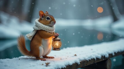 A fluffy-tailed rodent, bundled in a cozy winter scarf, carefully carries a glowing lantern across a snow-covered wooden surface, creating a magical winter scene.