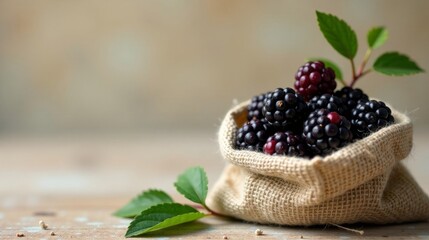 A burlap sack overflowing with freshly picked blackberries, adorned with vibrant green leaves, rests on a rustic wooden surface.