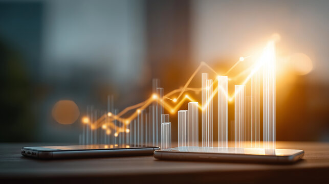 Business Growth Projection: A luminous digital financial graph projects upwards from a pair of smartphones, symbolizing dynamic business growth, financial analysis and market trends.