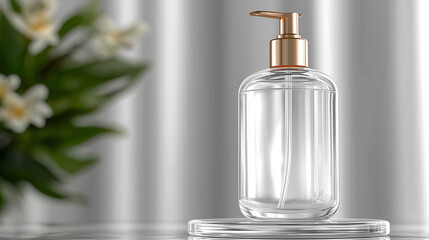 Naklejka premium Elegant Dispenser: A transparent glass dispenser with a golden pump sits atop a clear stand. Perfect for showcasing skincare, hygiene, and cosmetic products with grace and sophistication. 