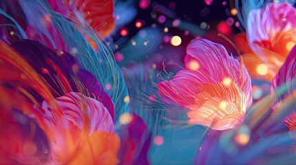 Obraz premium an abstract art piece characterized by vibrant pink and purple hues. colorful flowers with intricate patterns fill the center of the composition, creating a sense of depth and movement