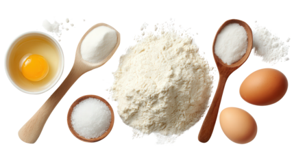 Clean and Simple Baking Ingredients: A flat lay of clean baking ingredients like flour, sugar, and eggs, isolated on a Transparent background, PNG file.