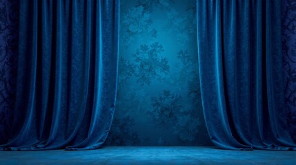 Dark Blue Velvet Curtains Draped Elegantly Before a Floral Patterned Wall, Creating a Dramatic and Mysterious Stage-Like Setting