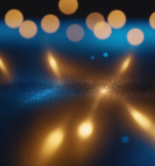 Abstract golden light flares with glitter texture and soft bokeh on blue surface, dreamy festive illumination, Generative AI