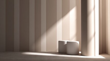 Empty room with light beige striped walls and pillars.