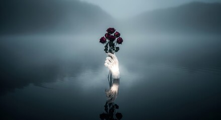 A foggy lake with a glowing skeletal hand emerging to offer a bouquet of dead roses