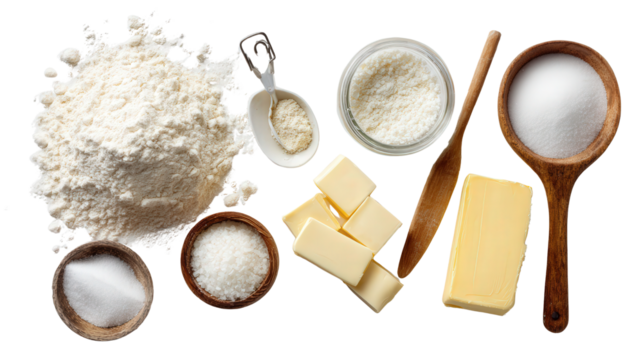 Clean and Simple Baking Ingredients: A flat lay of clean baking ingredients like flour, sugar, and butter, isolated on a Transparent background, PNG file. - Powered by Adobe