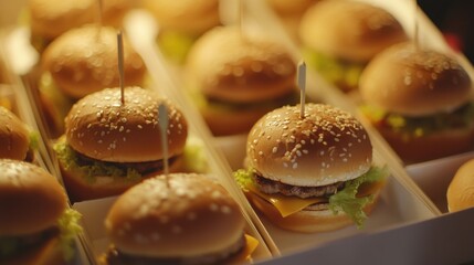 Mini burgers, sliders, takeaway box, decorative skewer sticks, fluffy golden buns, crispy lettuce, extreme close-up, party snack, holiday catering, trendy street food, blurred market background.