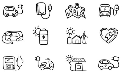 Electric Vehicles & Charging Doodle Icons