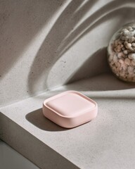 Blush pink square ceramic soap dish on concrete ledge with dramatic sunlight and curved shadows, styled for modern bathroom decor or minimal product shots
